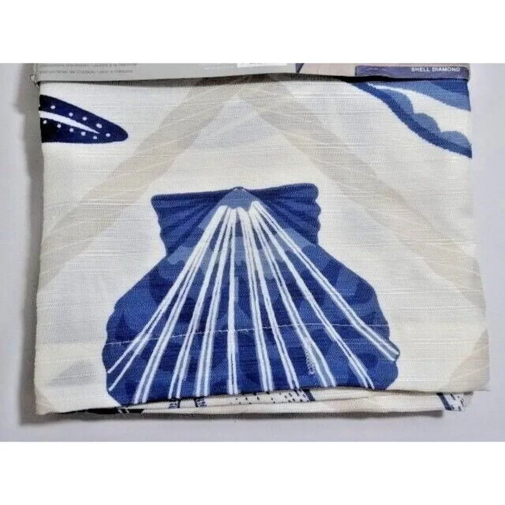 Sea Shells Diamond Shower Curtain and Roller Hooks Blue White Nautical Bath Gift